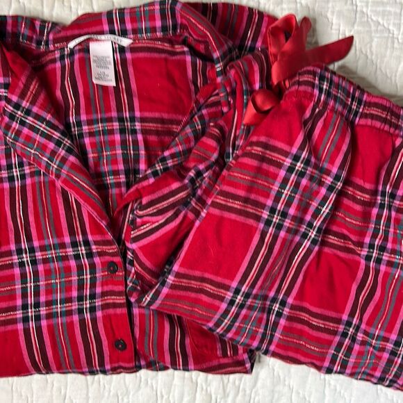 Victoria’s Secret Flannel Pajama Set Red Plaid Shimmery Large - Picture 3 of 6